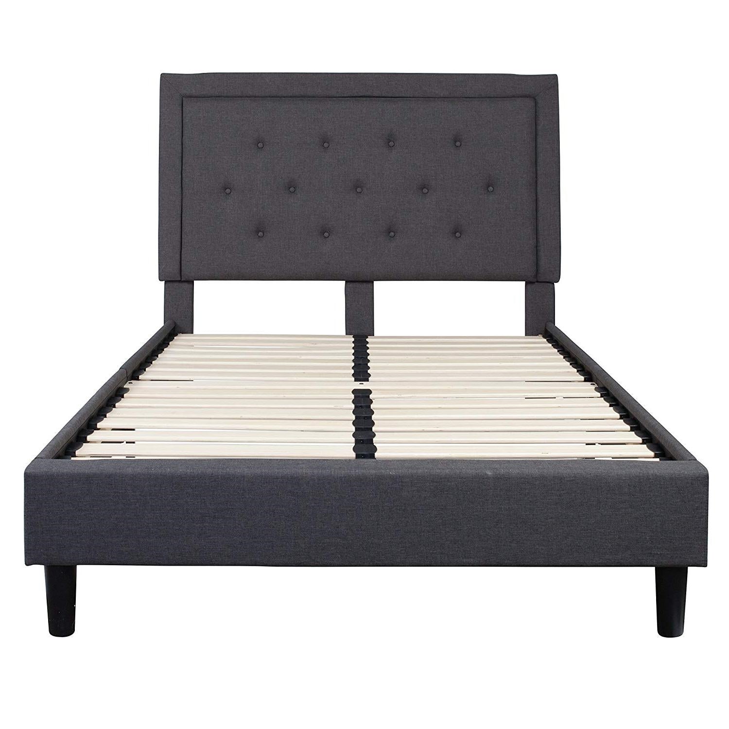 Full size Dark Grey Fabric Upholstered Platform Bed Frame with Tufted Headboard-1