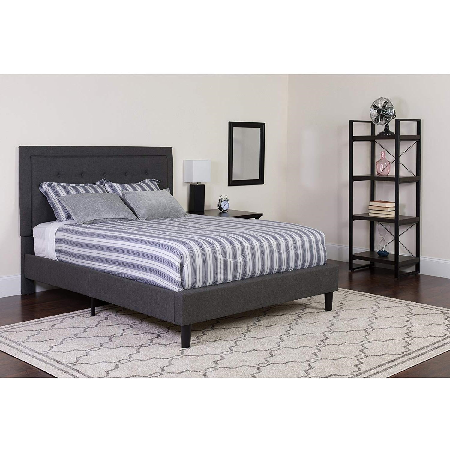 Full size Dark Grey Fabric Upholstered Platform Bed Frame with Tufted Headboard-2