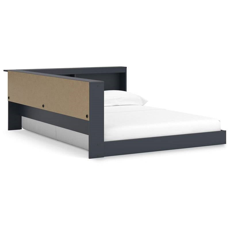 Full size Blue Wooden Corner Storage Bed with Bookcase Headboard and USB Ports-2