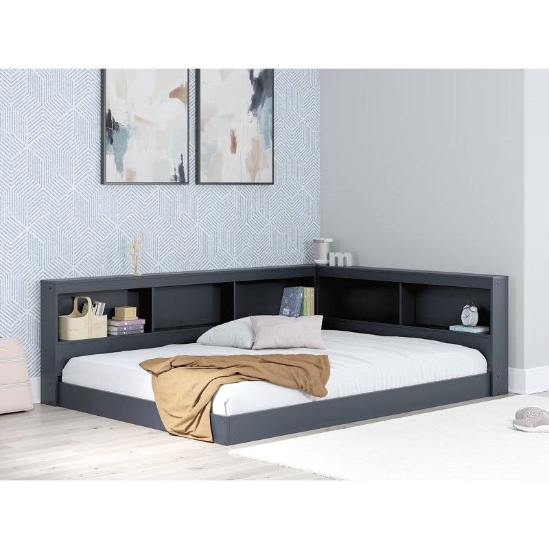 Full size Blue Wooden Corner Storage Bed with Bookcase Headboard and USB Ports-4