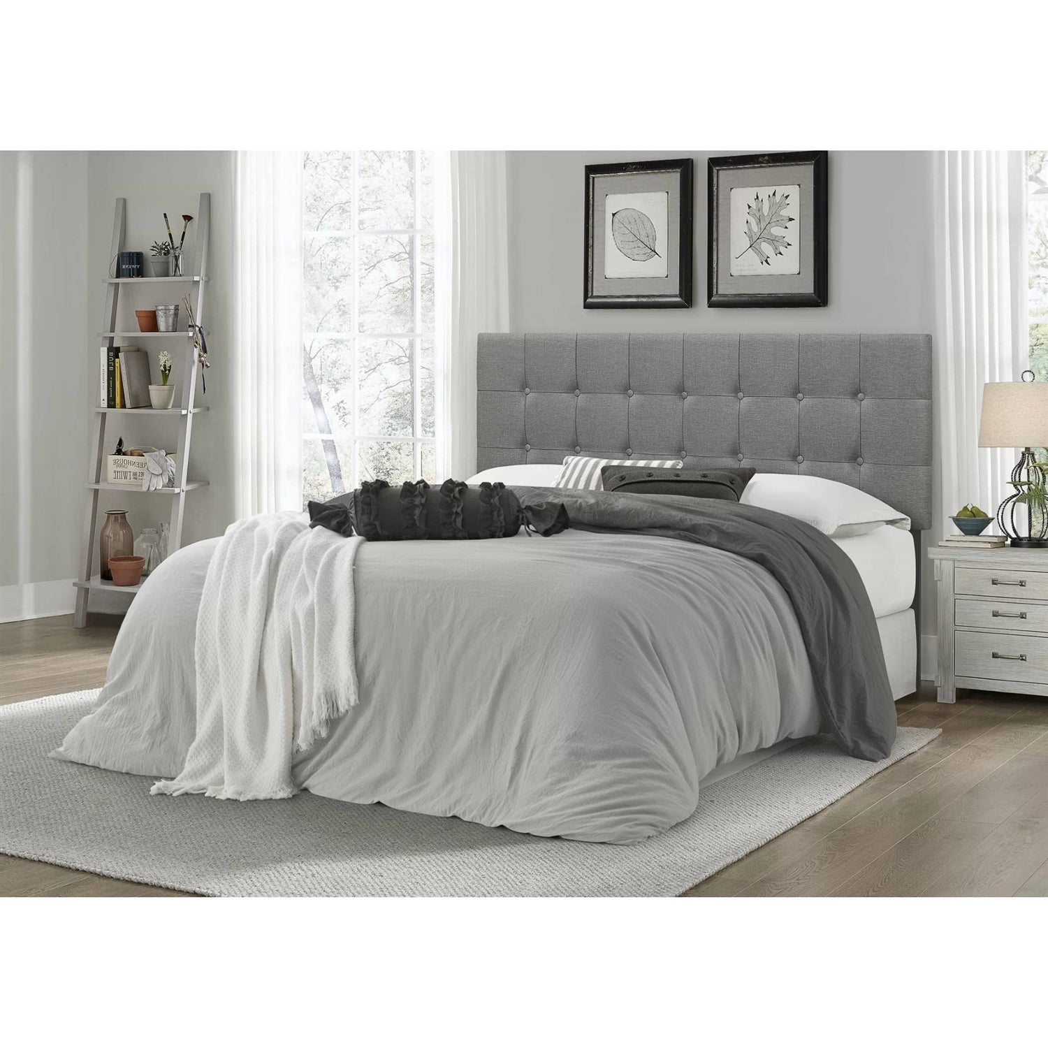 Full size Contemporary Button-Tufted Headboard in Grey Upholstered Fabric-3