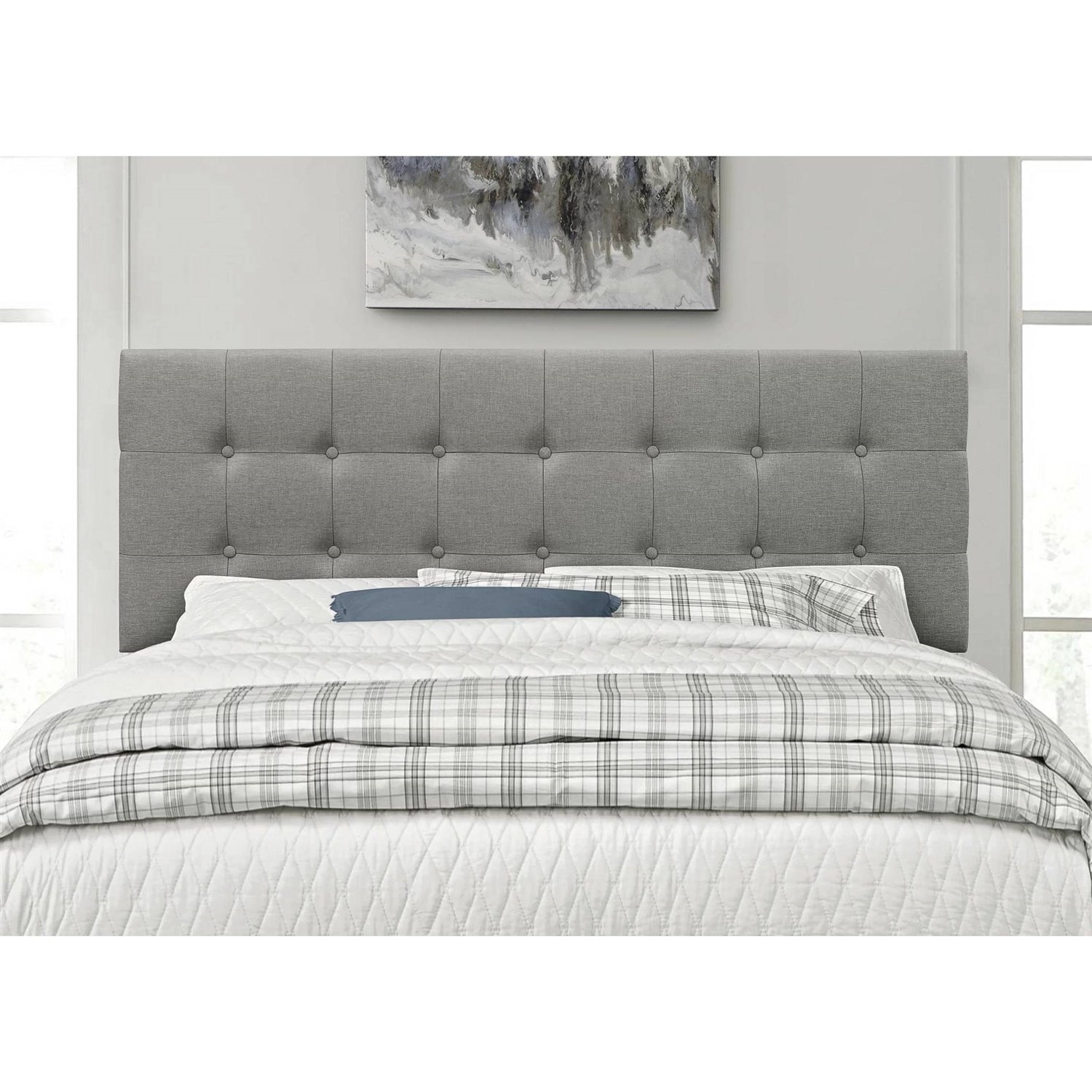 Full size Contemporary Button-Tufted Headboard in Grey Upholstered Fabric-4