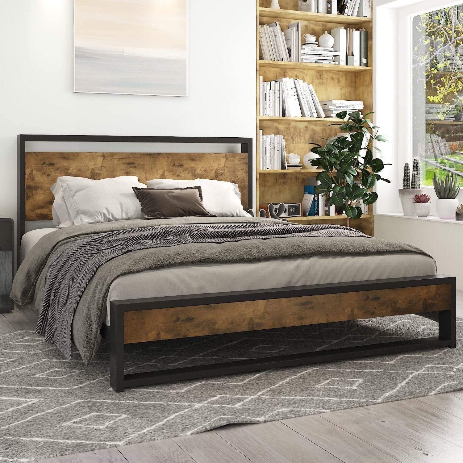 Full Modern Farmhouse Platform Bed Frame with Wood Panel Headboard Footboard-0