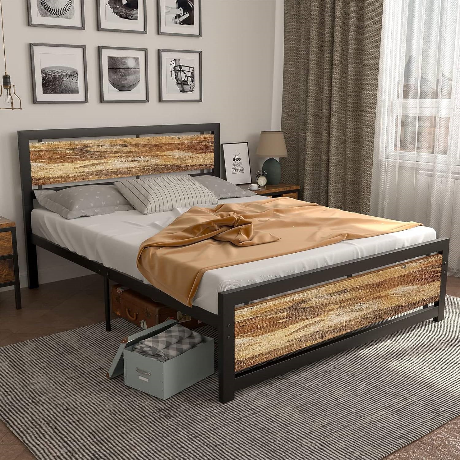 Full size Industrial Platform Bed Frame with Wood Panel Headboard Footboard-0