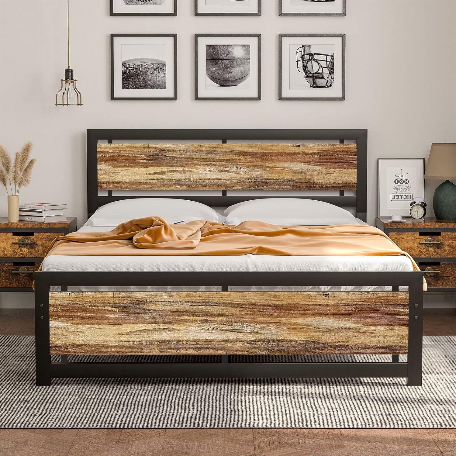 Full size Industrial Platform Bed Frame with Wood Panel Headboard Footboard-1