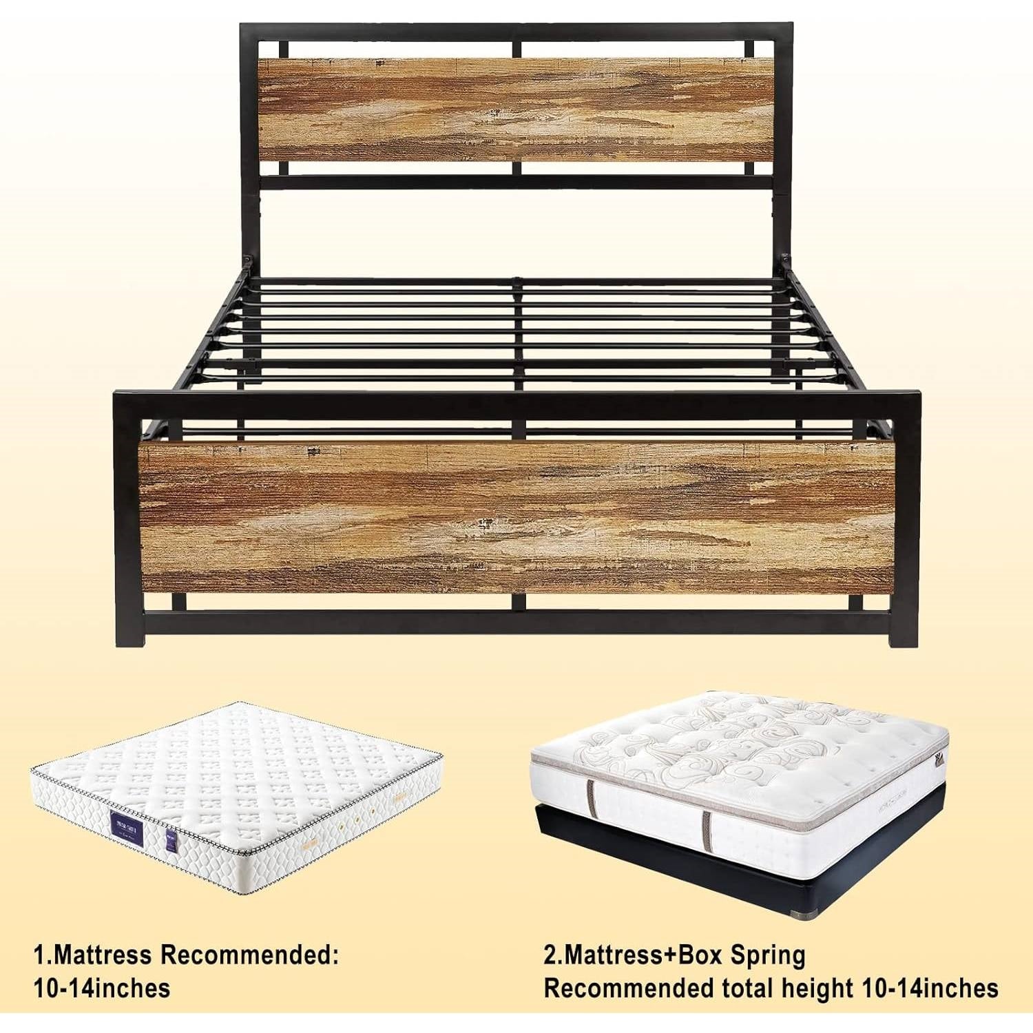 Full size Industrial Platform Bed Frame with Wood Panel Headboard Footboard-3