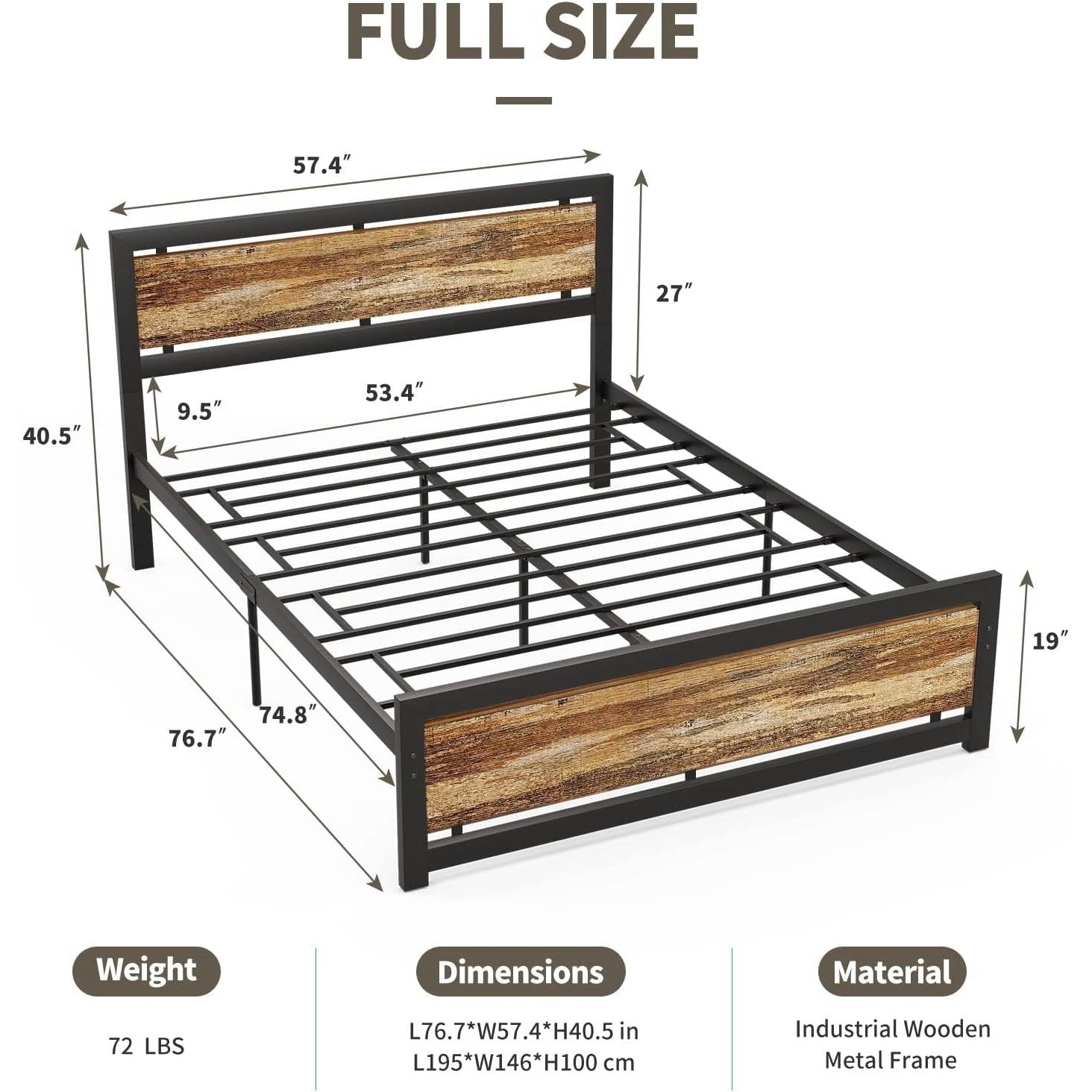 Full size Industrial Platform Bed Frame with Wood Panel Headboard Footboard-4