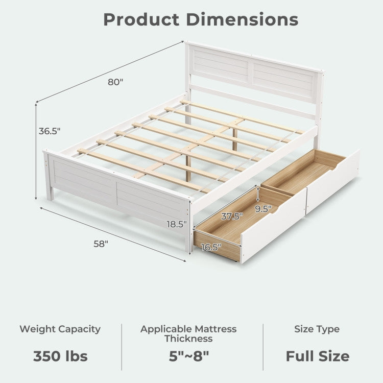 Full Size White Platform Bed Frame with 2 Storage Drawers-4