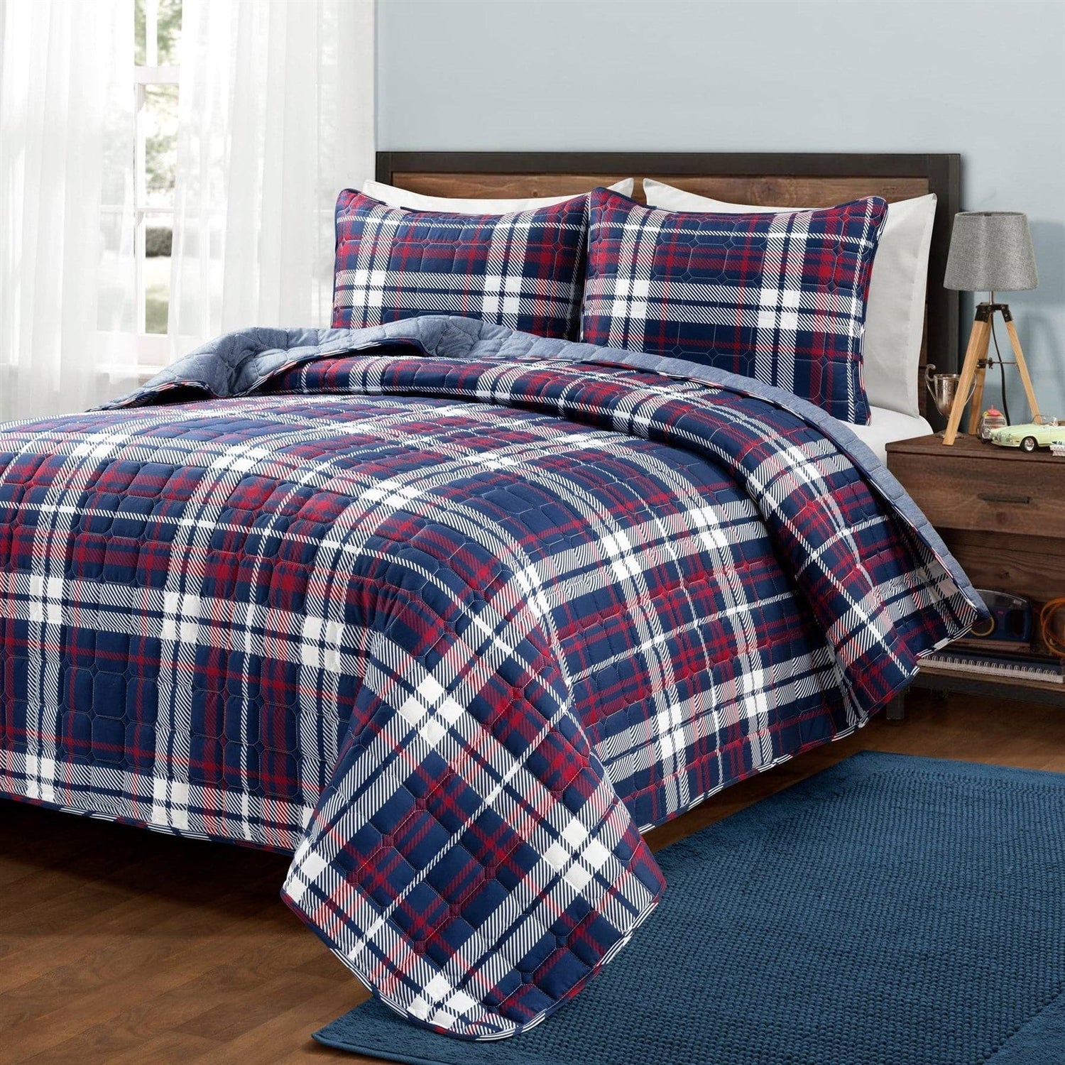 Full/Queen Farmhouse Plaid 3 Piece Lightweight Reversible Quilt Set-0