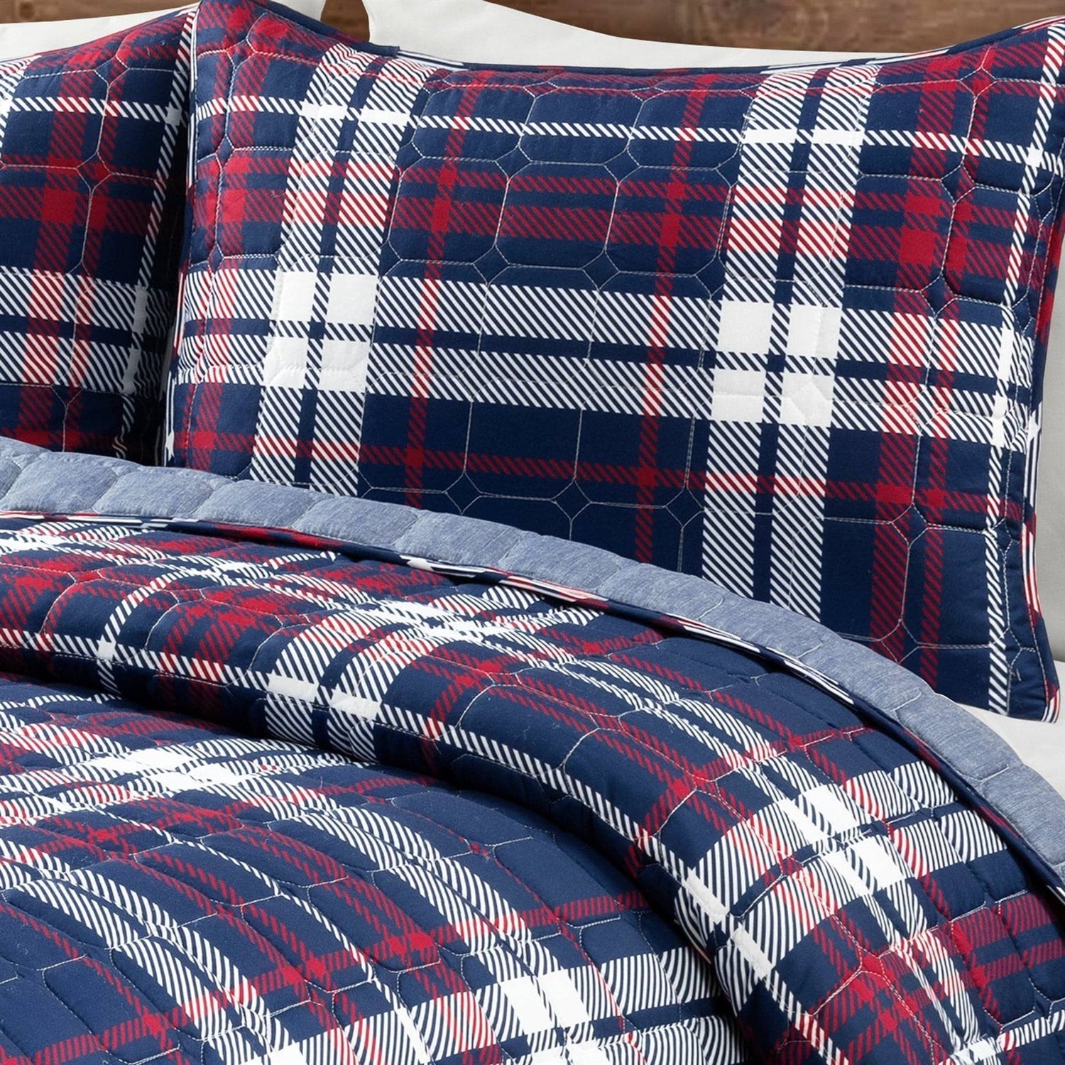 Full/Queen Farmhouse Plaid 3 Piece Lightweight Reversible Quilt Set-2