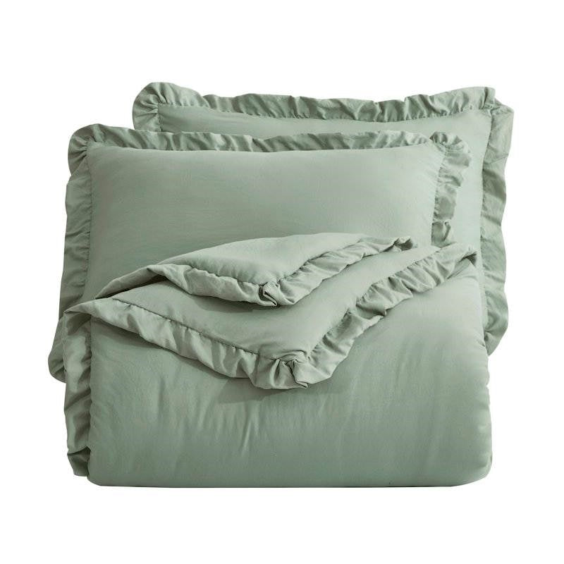 Full Size Sage Green Microfiber 3-Piece Comforter Set with Ruffled Edge Trim-1