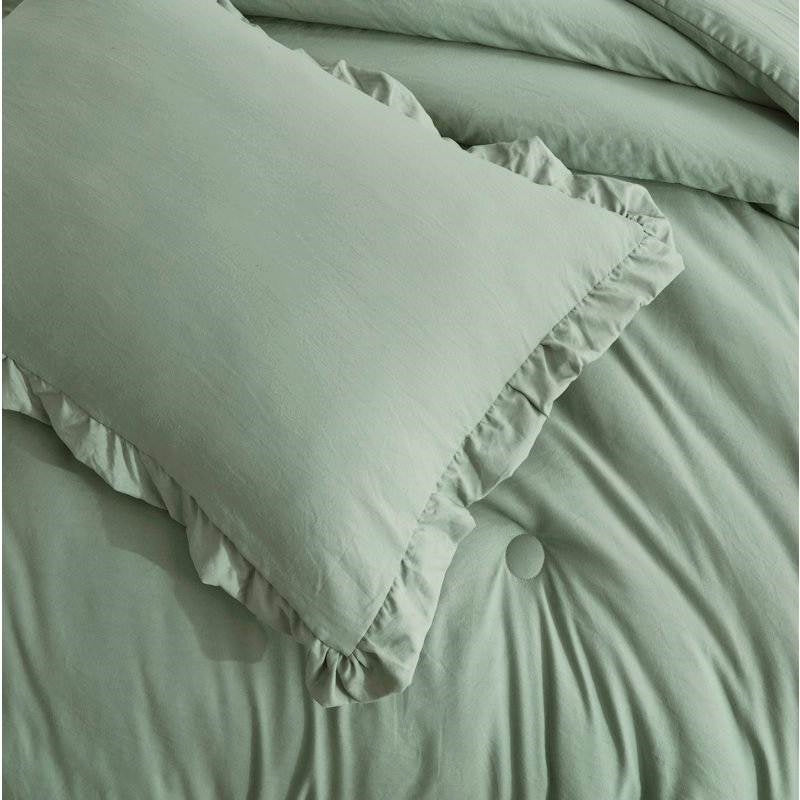 Full Size Sage Green Microfiber 3-Piece Comforter Set with Ruffled Edge Trim-2