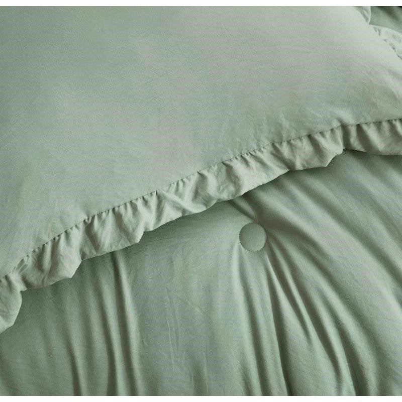 Full Size Sage Green Microfiber 3-Piece Comforter Set with Ruffled Edge Trim-3