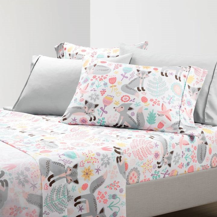 Full size Pink Grey White Teal Floral Fox Birds Soft Polyester 6 Piece Sheet Set-0