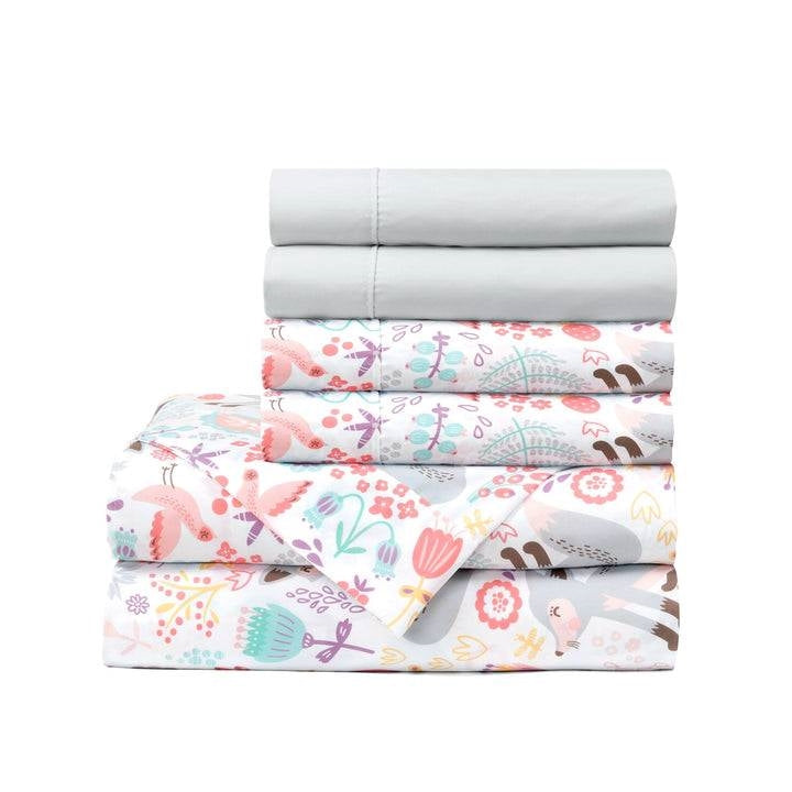 Full size Pink Grey White Teal Floral Fox Birds Soft Polyester 6 Piece Sheet Set-1