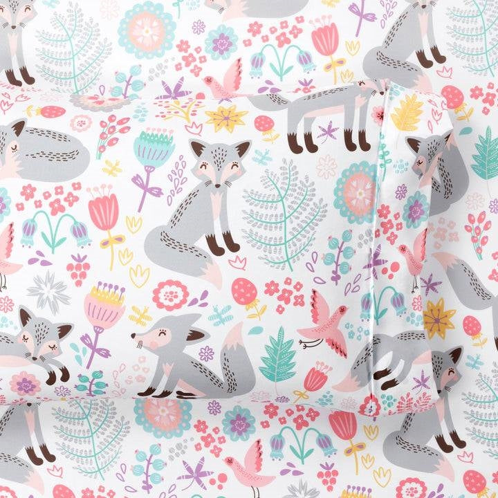 Full size Pink Grey White Teal Floral Fox Birds Soft Polyester 6 Piece Sheet Set-3