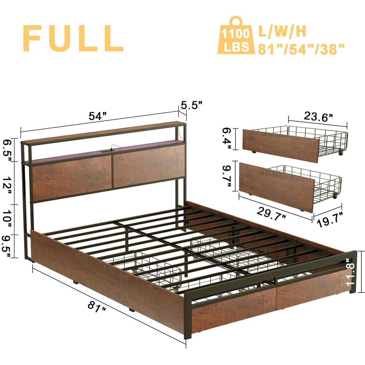 Full size Platform Bed with Headboard and Storage Drawers in Brown Wood Finish-4