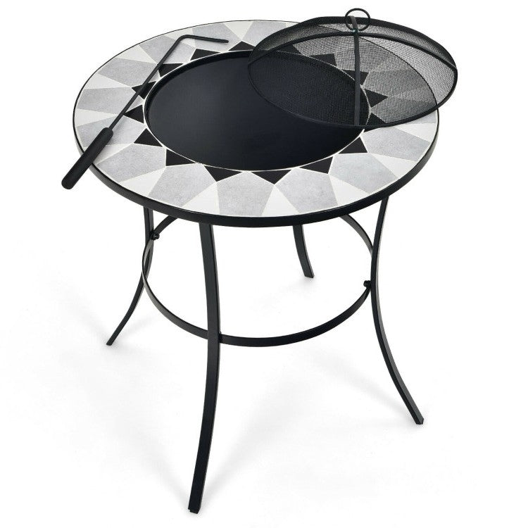 Portable Round Fire Pit Table with Mesh Cover and Fire Poker-1