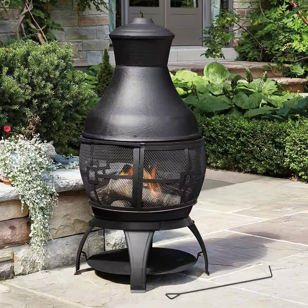 45-inch Black Cast Iron and Steel Outdoor Fire Pit Chimenea-0