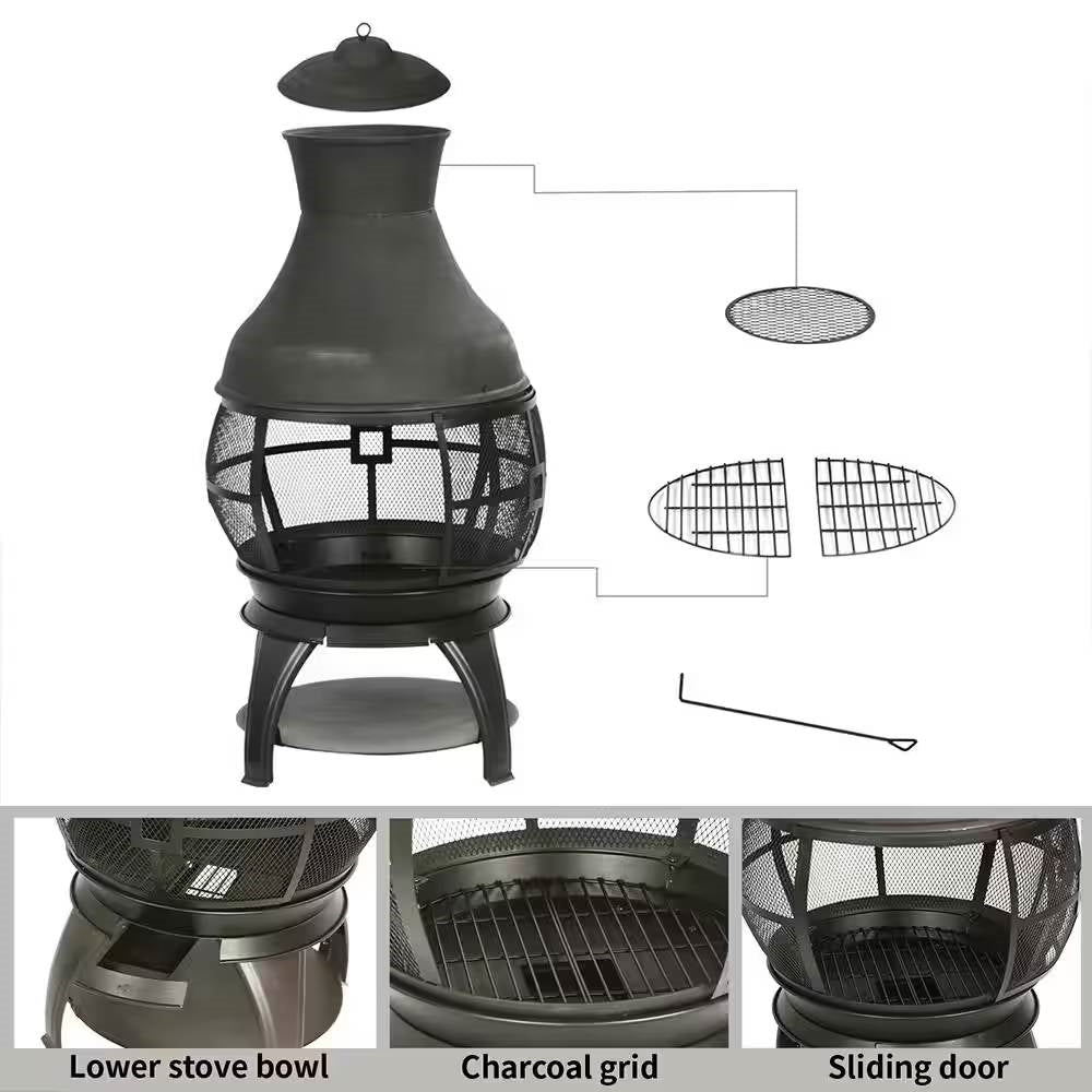 45-inch Black Cast Iron and Steel Outdoor Fire Pit Chimenea-3