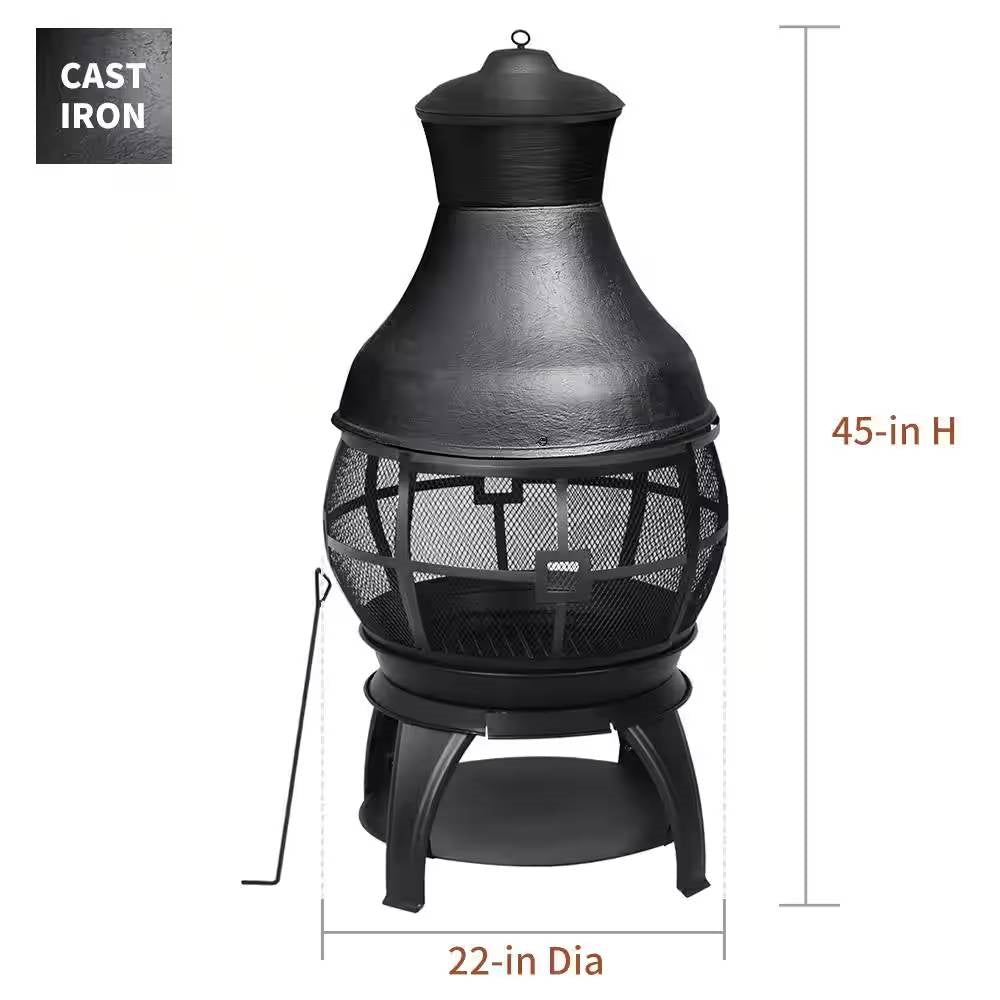 45-inch Black Cast Iron and Steel Outdoor Fire Pit Chimenea-4