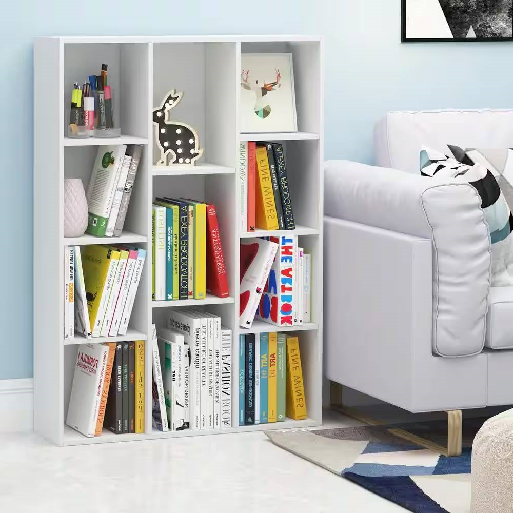 Modern 42-inch High Bookcase with 11-Cube Open Shelves in White Wood Finish-0