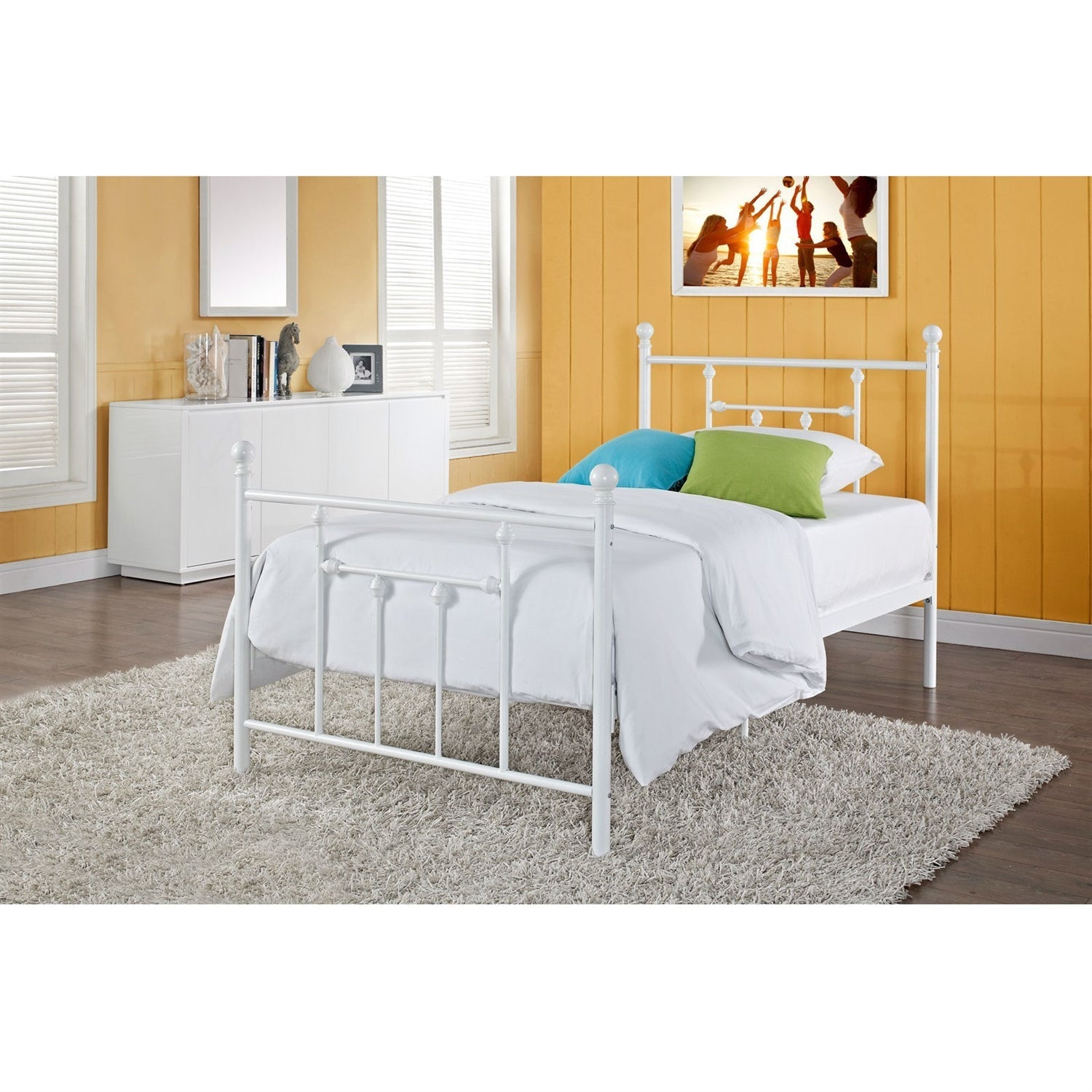 Full size White Metal Platform Bed with Headboard and Footboard-2