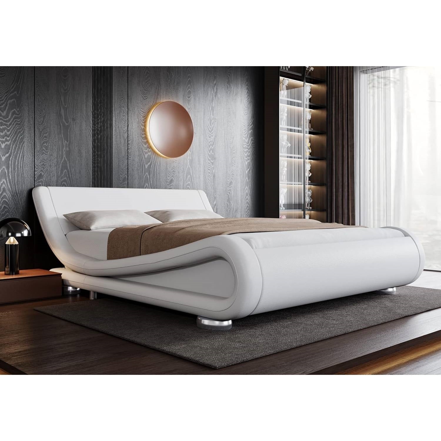 Full Modern White Upholstered Platform Bed Frame with Sleigh Curved Headboard-0