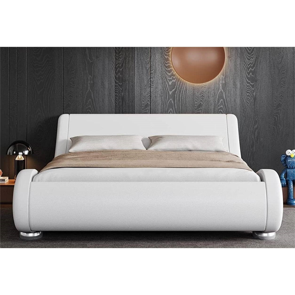 Full Modern White Upholstered Platform Bed Frame with Sleigh Curved Headboard-1