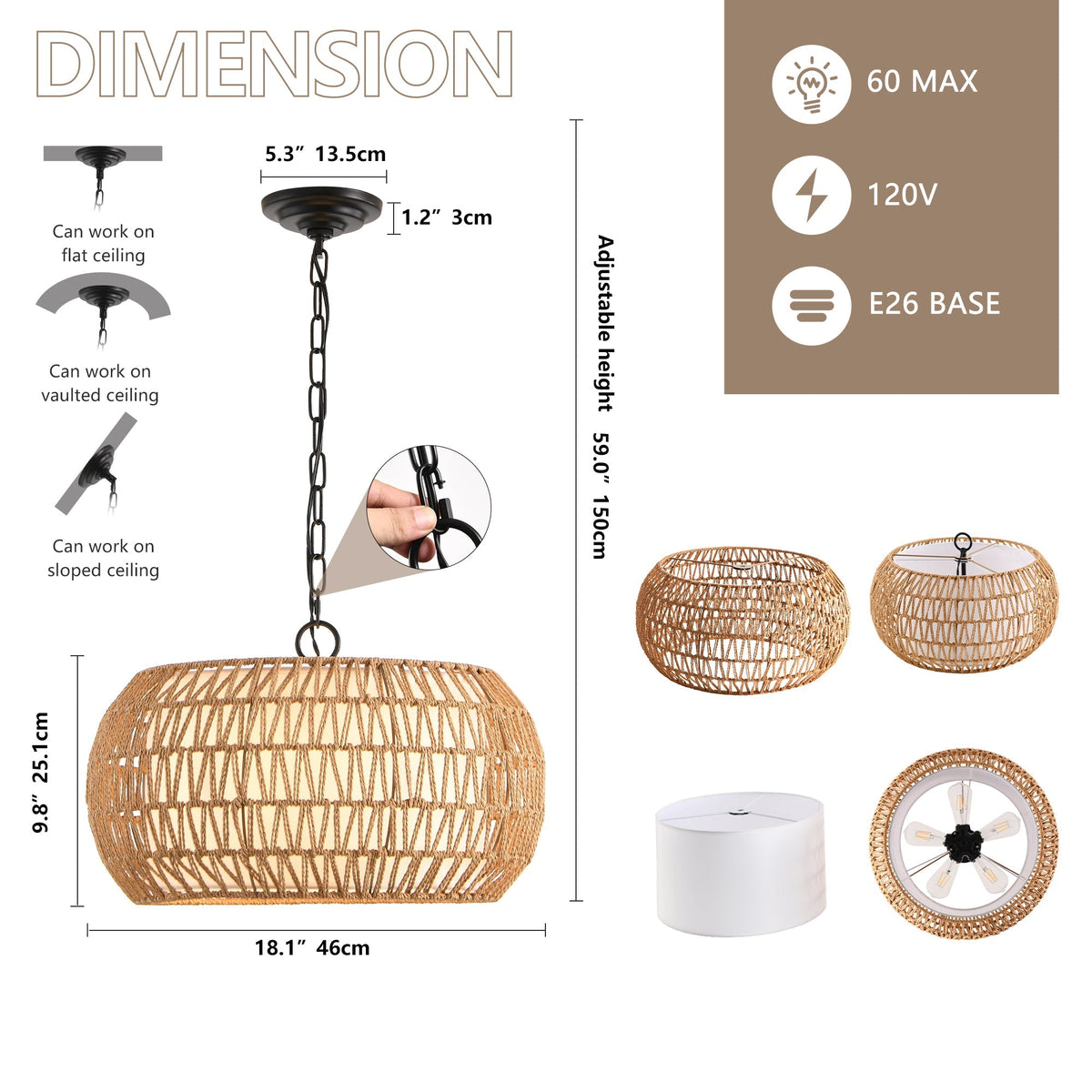 Farmhouse Pendant Light with Adjustable Height, Boho Woven Jute Rope Hanging Ceiling Light Fixture