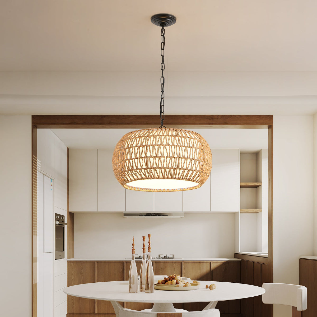 Farmhouse Pendant Light with Adjustable Height, Boho Woven Jute Rope Hanging Ceiling Light Fixture