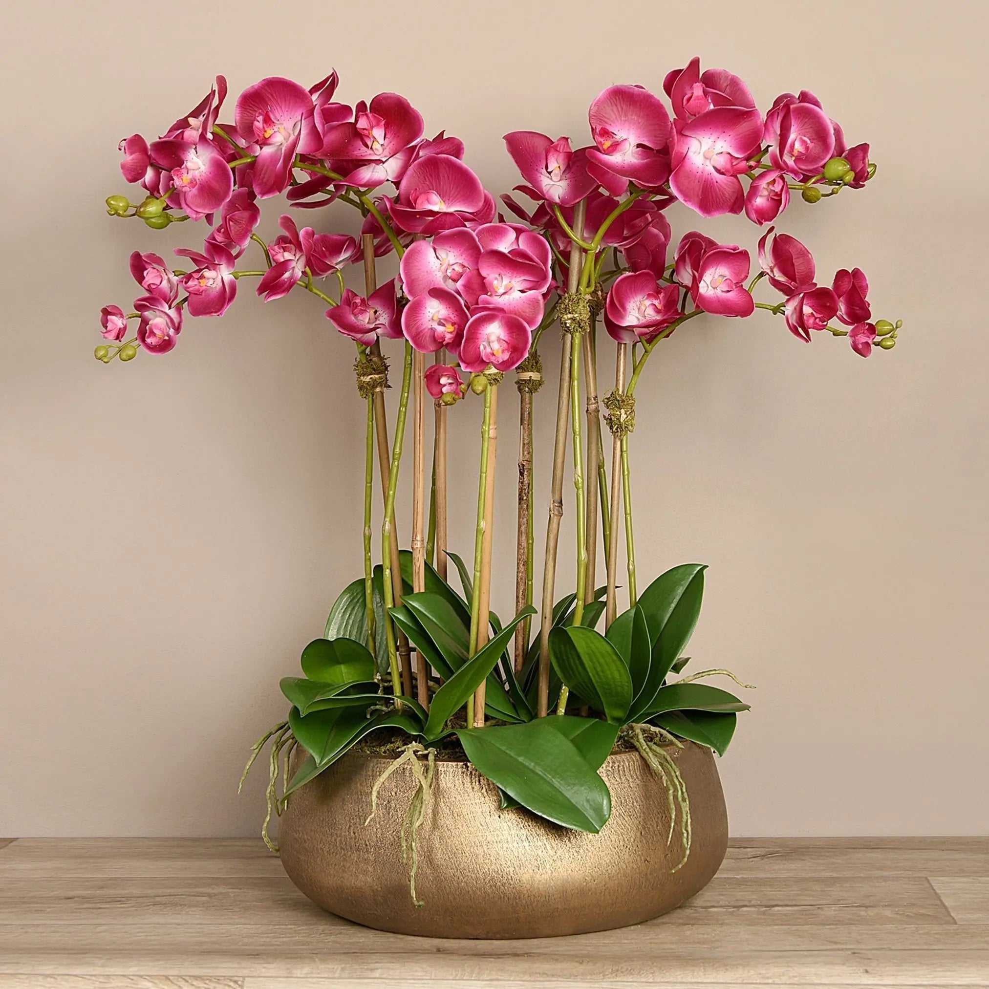 Faux floral arrangement - pink orchid centerpiece in gold pot - 28"-0