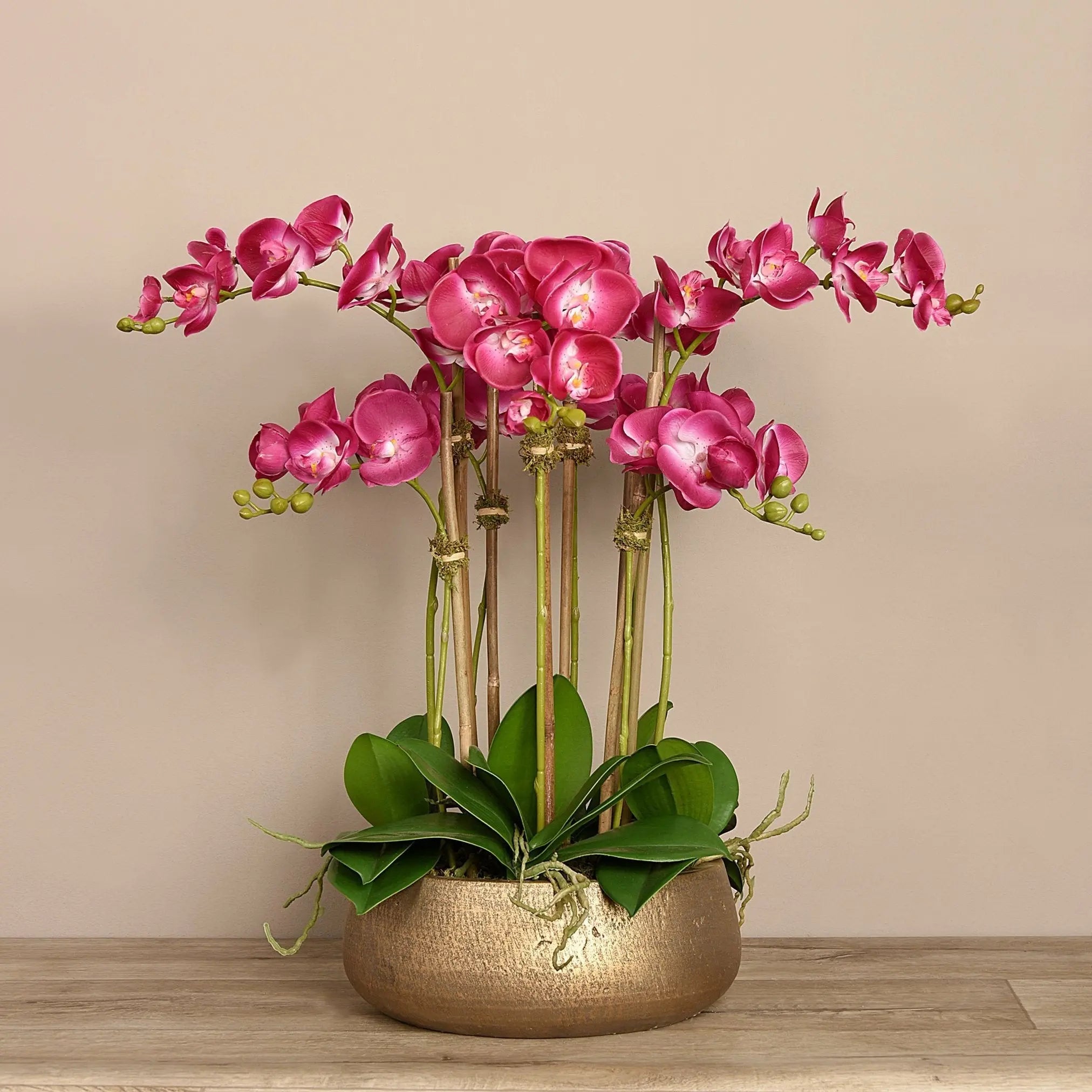 Faux floral arrangement - pink orchid centerpiece in gold pot - 28"-1