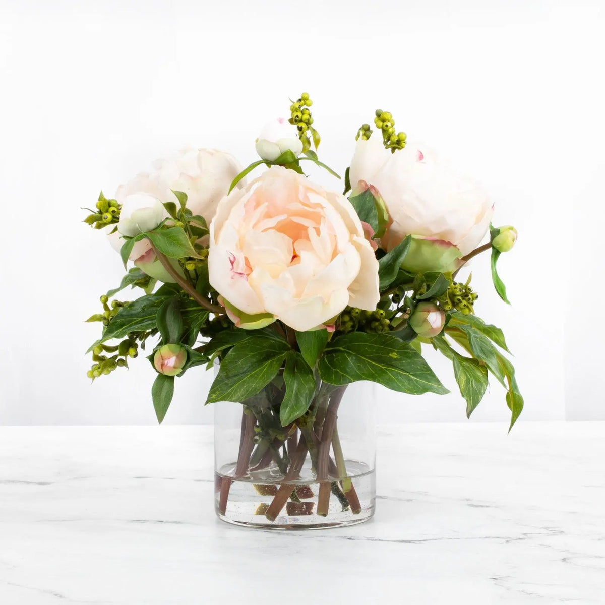 Faux Peony Arrangement in Glass Vase