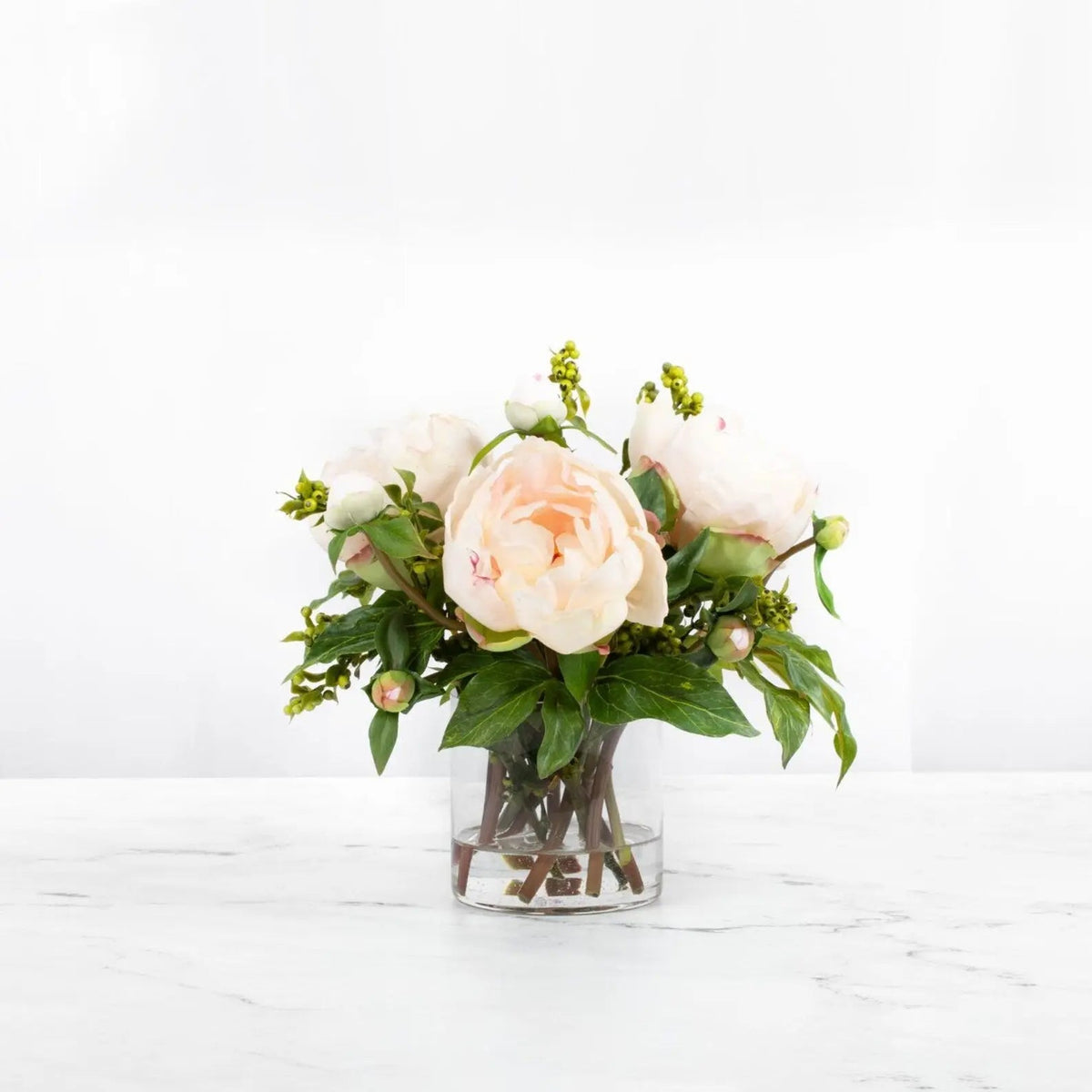 Faux Peony Arrangement in Glass Vase