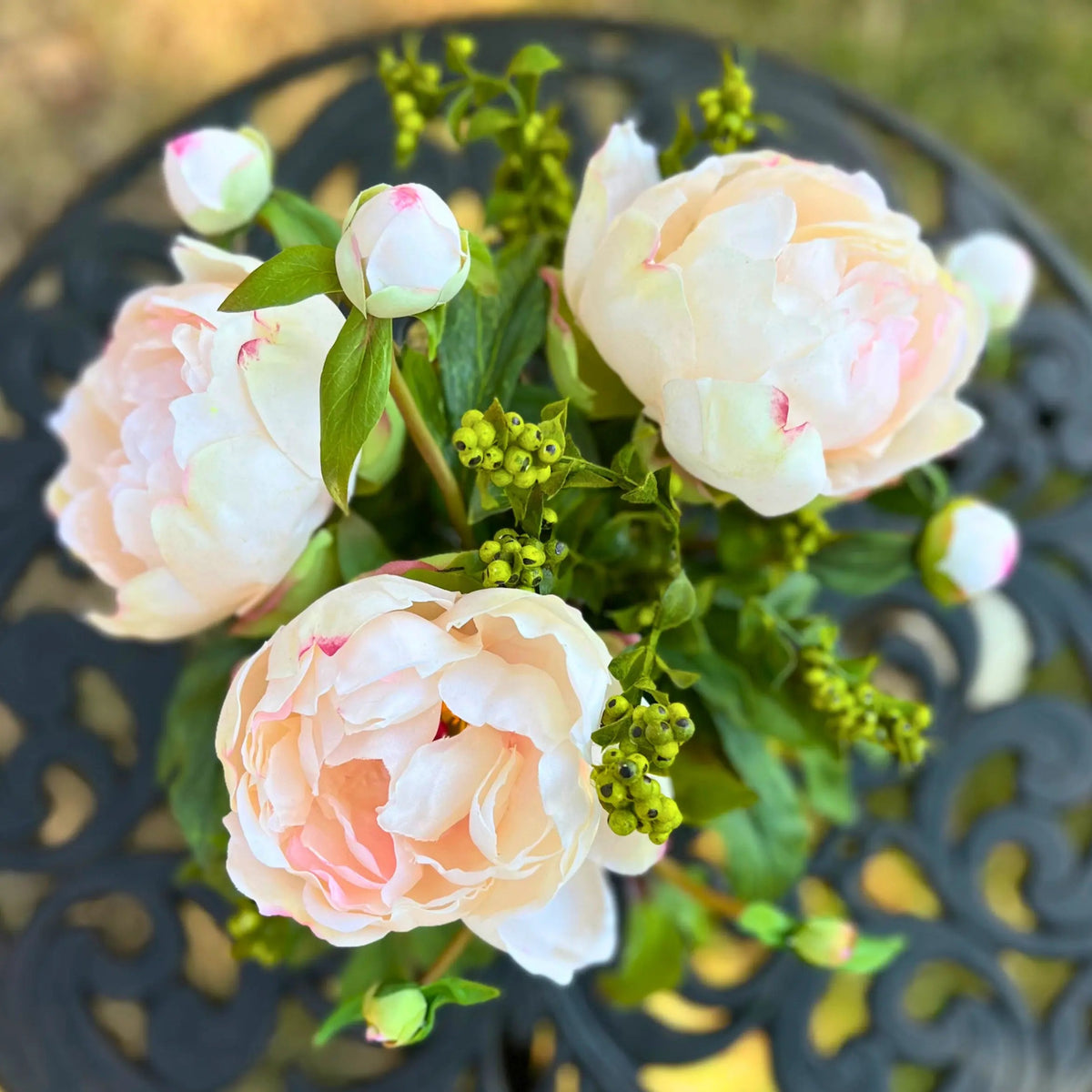 Faux Peony Arrangement in Glass Vase