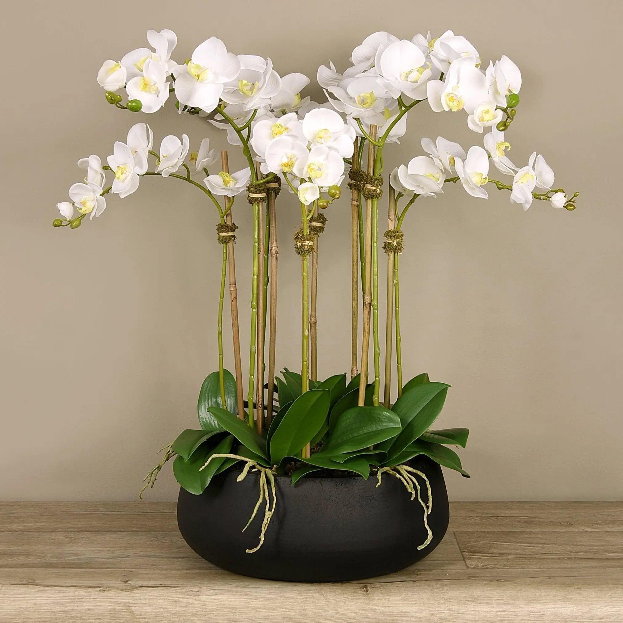 Faux white orchid arrangement in matte black planter-0