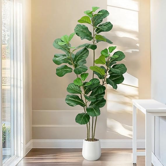 Faux Fiddle Leaf Fig Tree In White Planter 6'-1