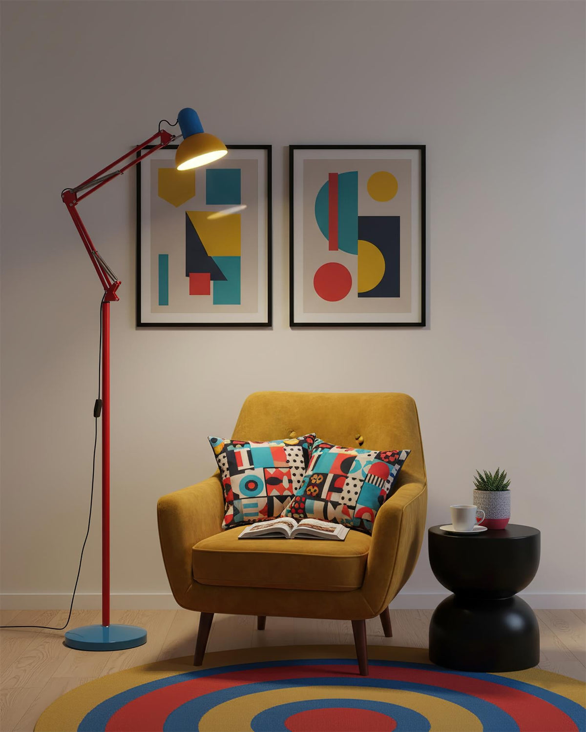 Memphis Style Arc Floor Lamp with Adjustable Arm | Bold Color Block Light