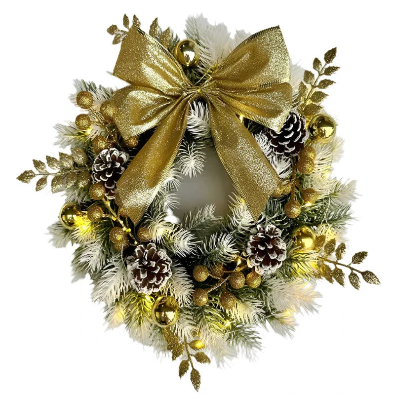 Golden Christmas Wreath with Pine Cones and Bow-0