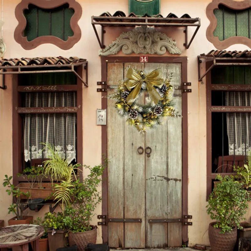 Golden Christmas Wreath with Pine Cones and Bow-3