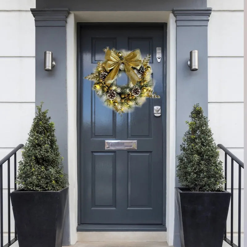 Golden Christmas Wreath with Pine Cones and Bow-2