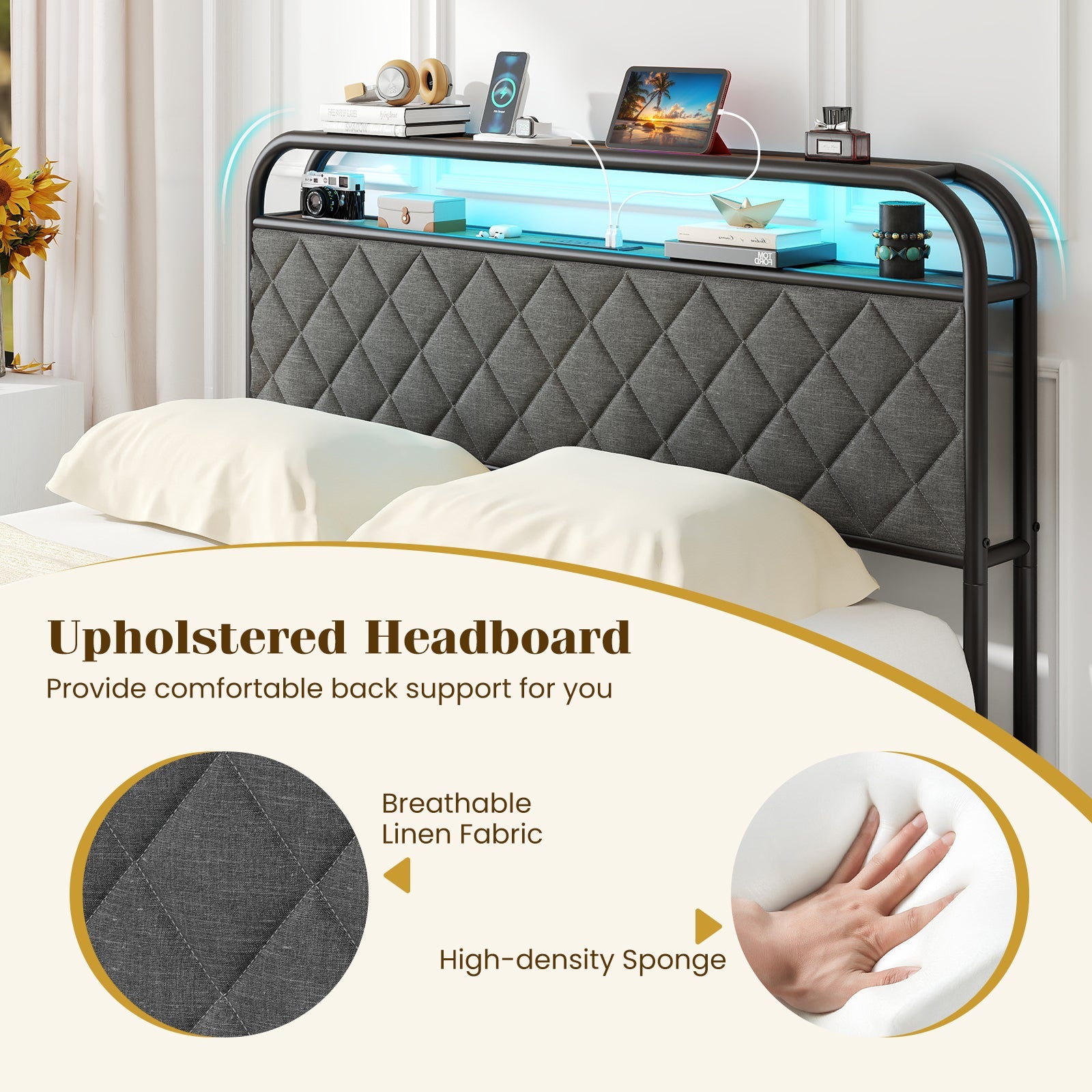 Twin/Full/Queen Size Bed Frame with LED Lights and Charging Station