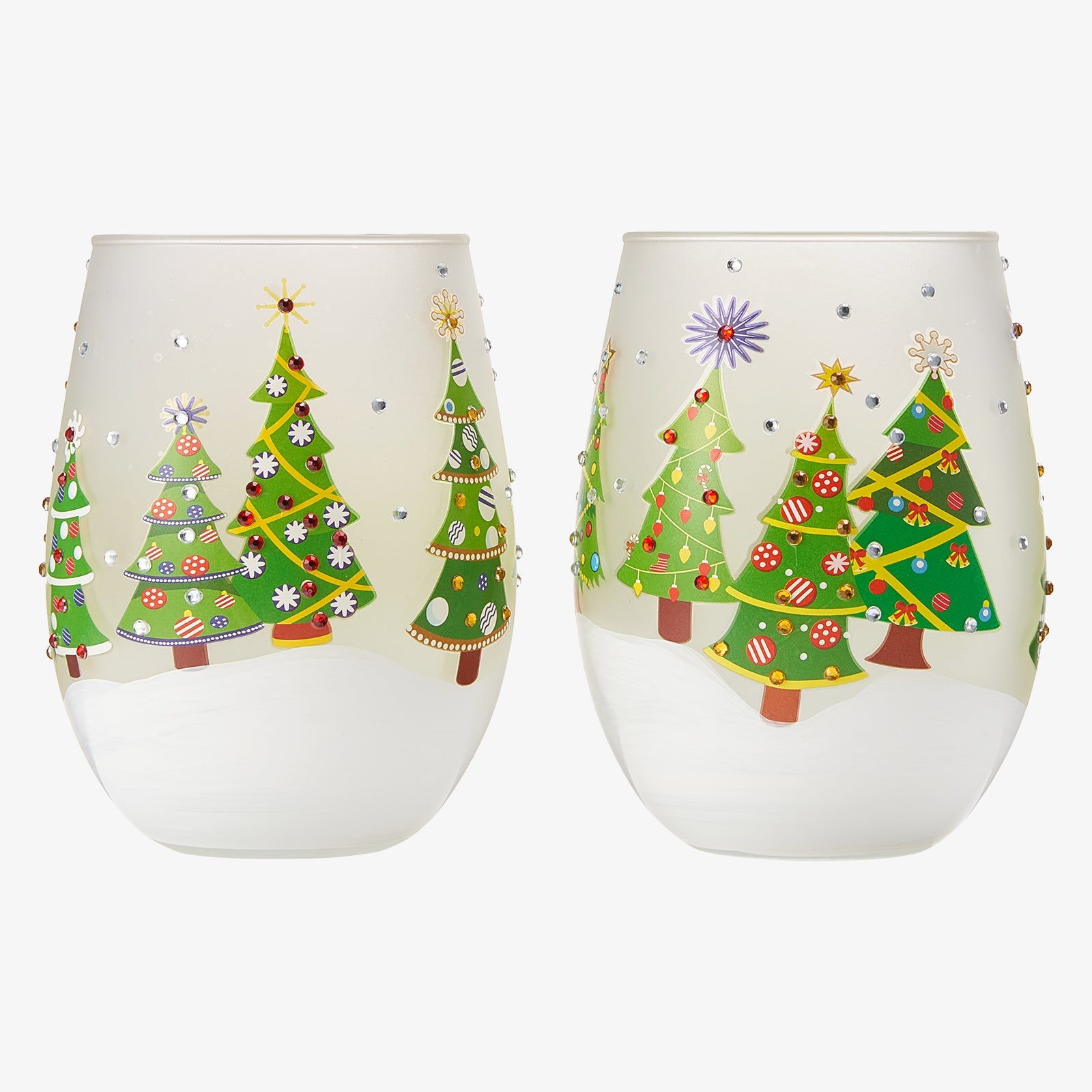 Christmas Tree Holiday Themed Wine & Water Glasses - Set of 2 - Shining Red Green Yellow Silver, Holidays Parties Santa Gifts Glassware - Xmas Trees - 17.5oz - New years Eve Festive Glass - Stemless-0