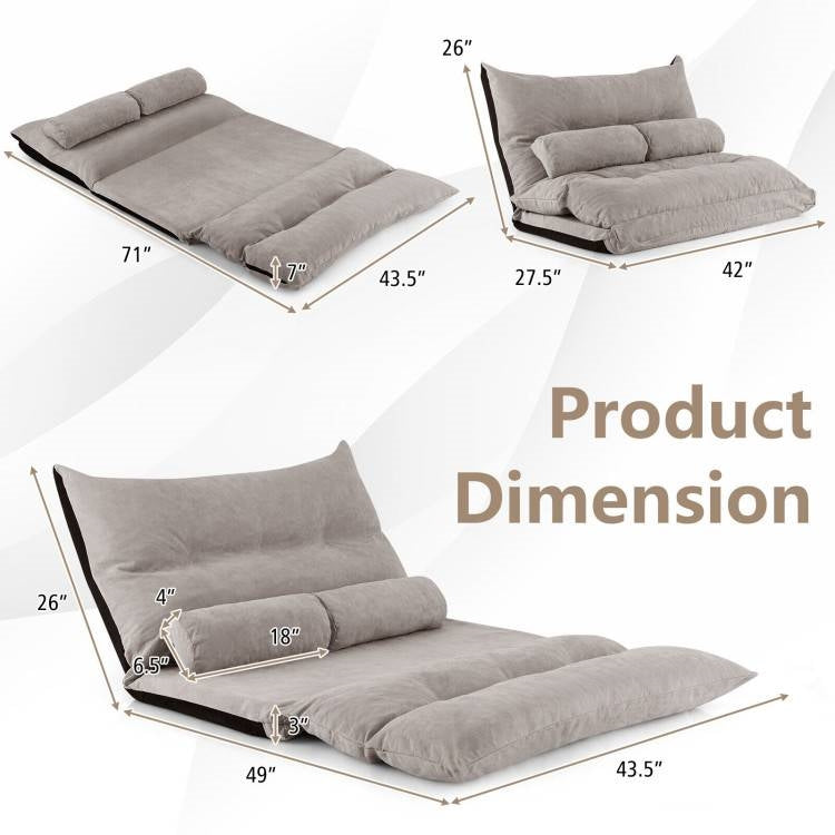 Modern Adjustable Floor Lounger Chair Sofa Bed with 2 Pillows in Grey-4