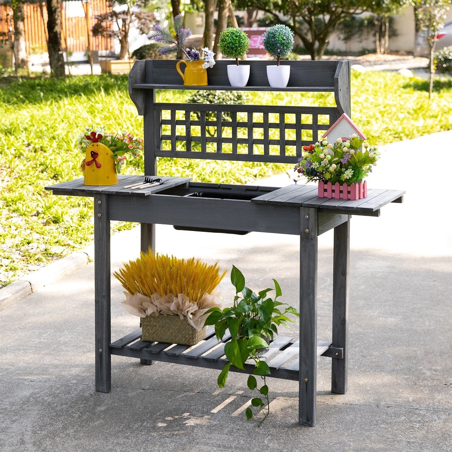 Outdoor Grey Wood Potting Bench Expandable Top with Food Grade Plastic Sink-1