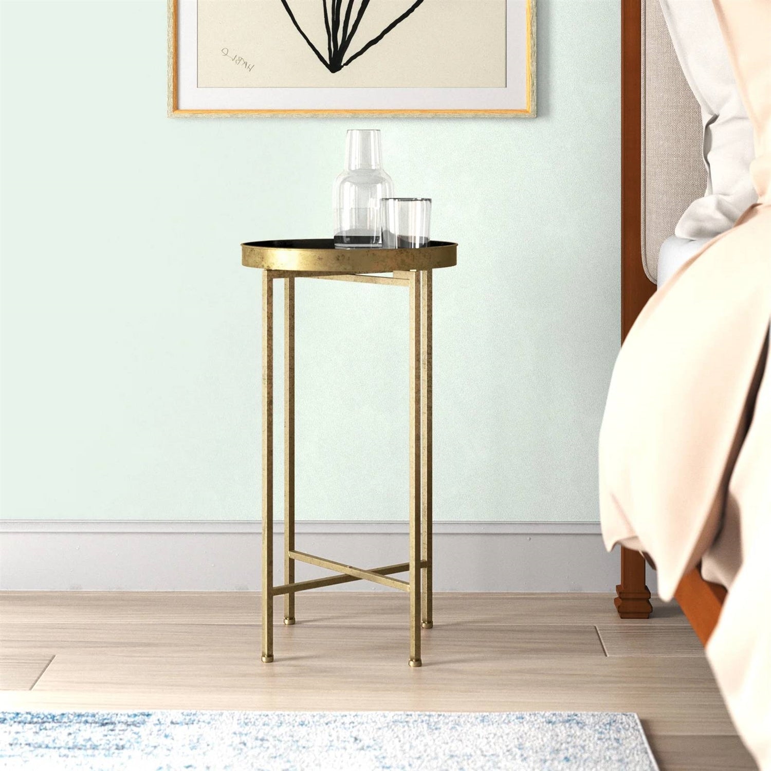 Gold Finish Metal Round Nightstand End Table with Removable Black Tray Top-0