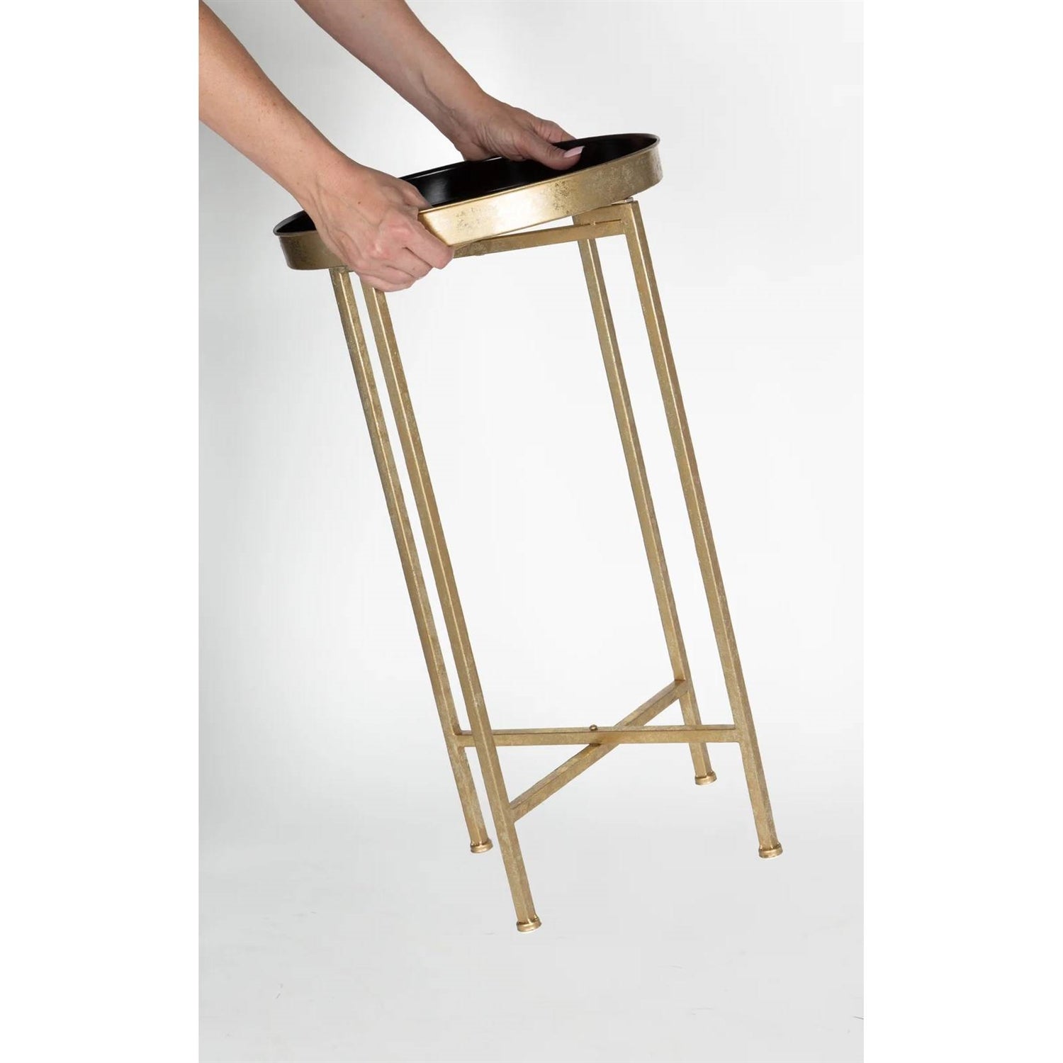 Gold Finish Metal Round Nightstand End Table with Removable Black Tray Top-2