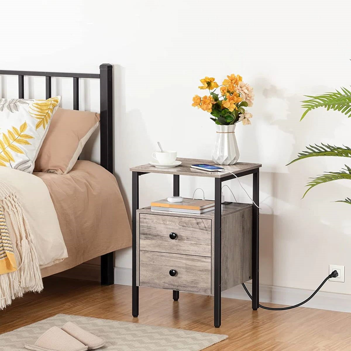 Modern Black Metal Nightstand with Grey Wood Finish Drawers and Shelf-0