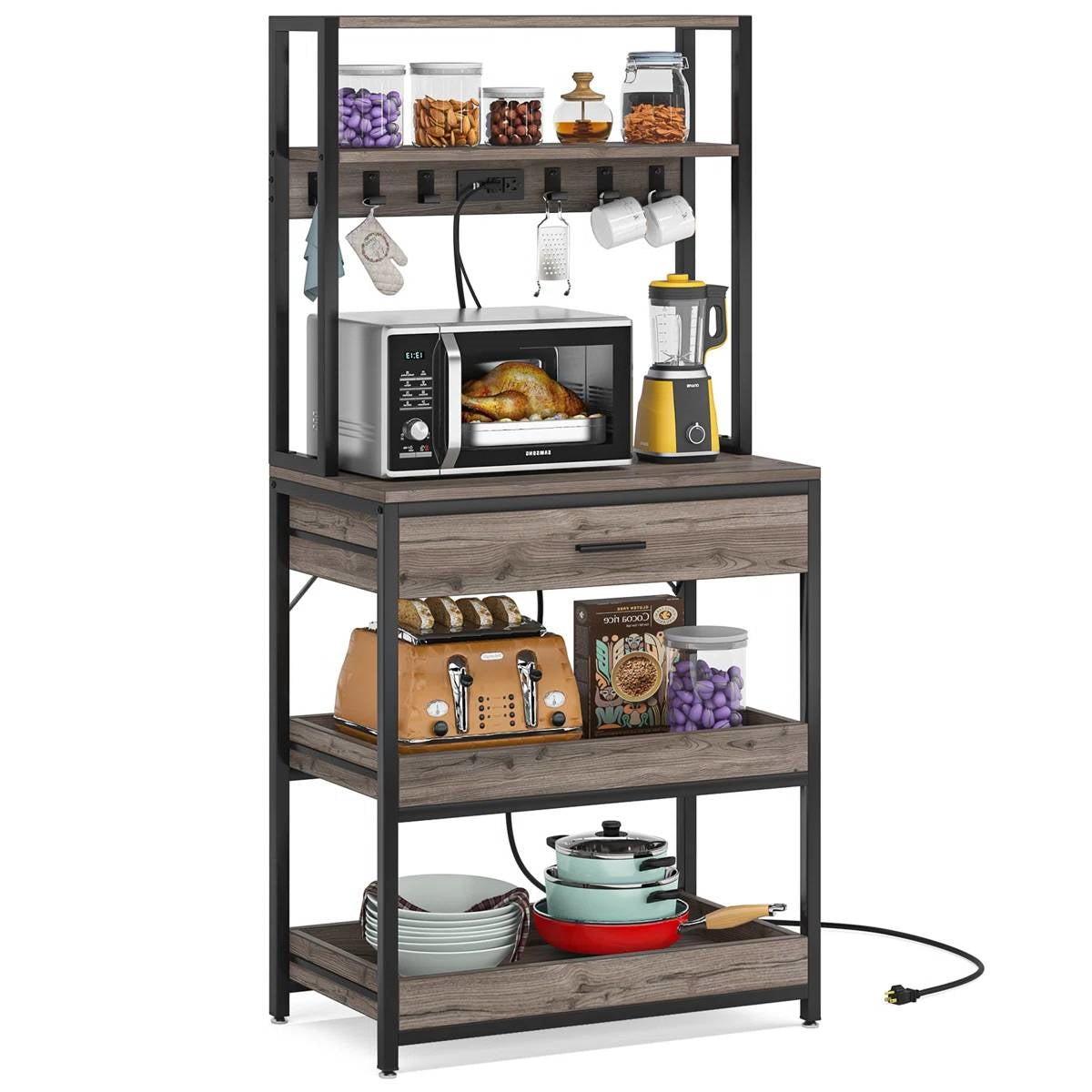 Grey Modern Baker's Rack Kitchen Shelving Unit with Pull-Out Shelves and Drawer-0